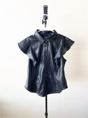 GAP Black Faux Leather Ruffle Sleeve Button-Up Blouse Size S